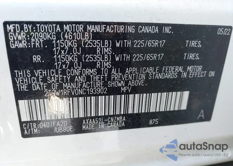 2022 Toyota Rav4 Xle from USA, damaged, VIN 2T3W1RFV0NC193902